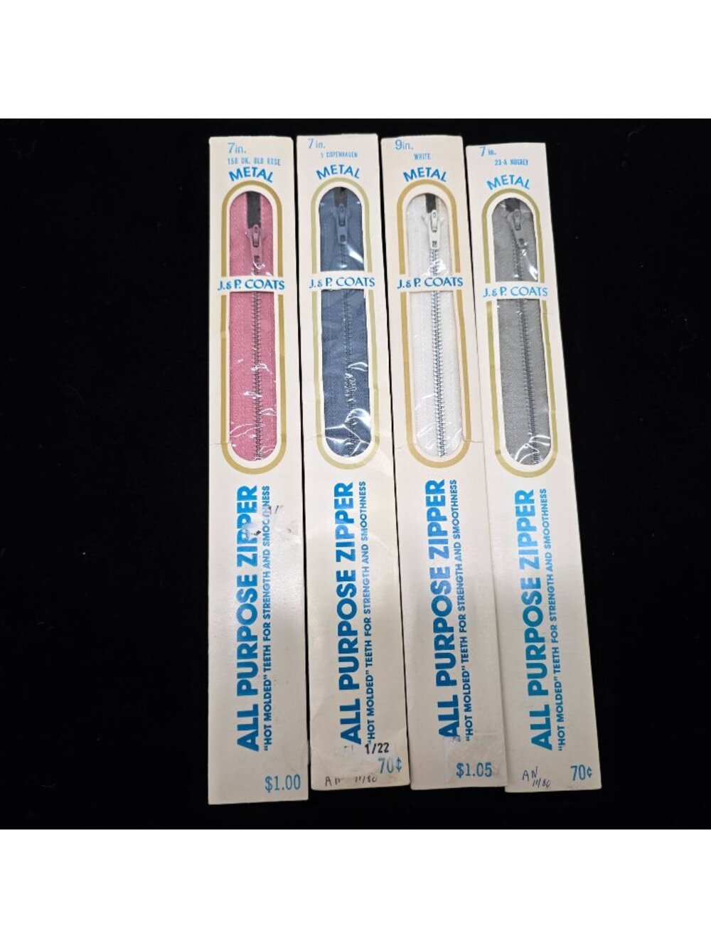 J&P Coats All Purpose Metal Zippers 7" & 9" In Old Rose Blue White & Gray Colors